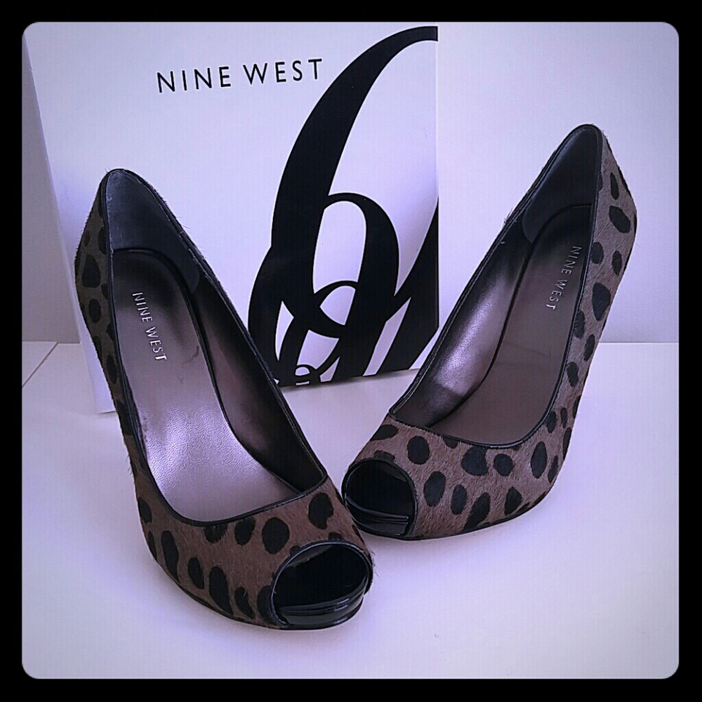 NINE WEST Grey & Black Leopard Peep Toe Heels